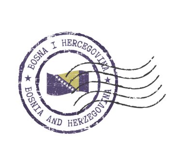 Posta damgası 'Bosna-Hersek'. Slav ve İngiliz yazıtları. Ortada ulusal bayrak sallıyor..