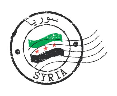 SYRIA yazısıyla birlikte eyalet bayrağının olduğu bir posta pulu. İngilizce ve Arapça yazıtlar. Mektup zarfları, tebrik kartları, pasaportlar, paketler için retro mühürler.