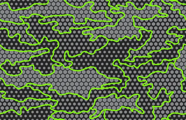 Kentsel kamuflaj kusursuz desen. Gri altıgen (bal peteği) dokusu ve yeşil neon çizgileri. Siyah arkaplan.