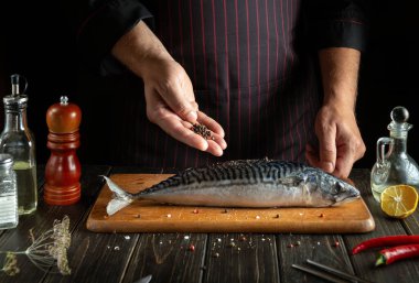 Aşçı otel mutfağında uskumru sezonu yapar. Yemek pişirmek için çok lezzetli balıklar.