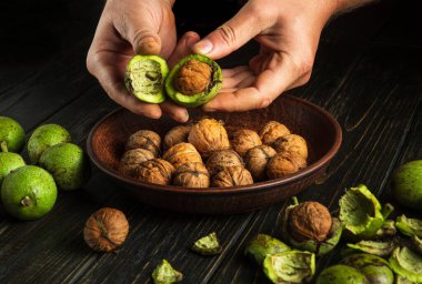 Hands of a cook separates the green peel from the walnut on the kitchen table. Close-up of a chef hands while working before preparing food
