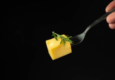 Sliced piece of milk cheese with rosemary on a fork. Street or fast food concept on black background