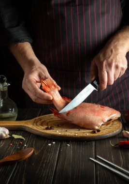 Aşçı taze Sebastes balığı hazırlar. Balık yemi pişirmeye hazırlanıyorum. Şef bıçakla keser kırmızı balığı