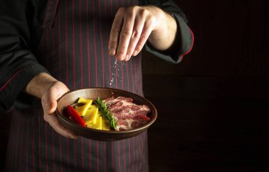 Profesyonel şef, dilimlenmiş bifteğe tuz serpiyor. Tabakta sığır eti ve peynir var. Garson ya da sunucu tarafından sipariş edilen yemek konsepti