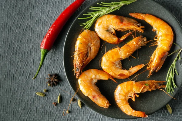 Shrimps Prawns Rosemary Pepper Bowl Gray Table Idea Dietary Seafood — Stock Photo, Image