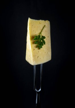 Çatallı maydanozlu bir parça peynir. Siyah arka planda fast food ya da sokak yemekleri kavramı.