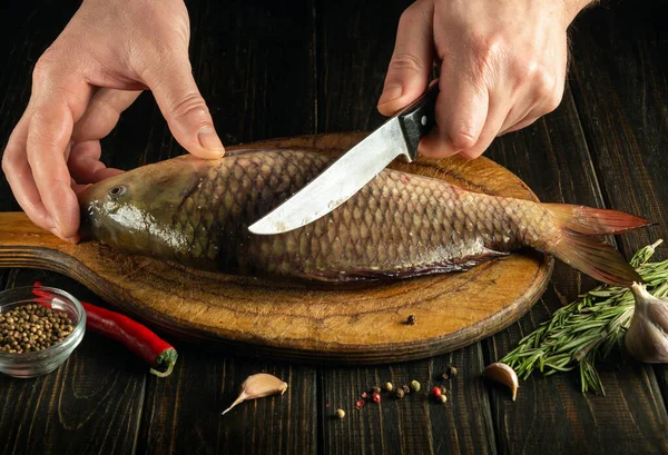 stock image Chef cuts fresh fish on a wooden cutting board with knife. Home cooking of a delicious fish dish according to an old recipe. The cook hands cut carp