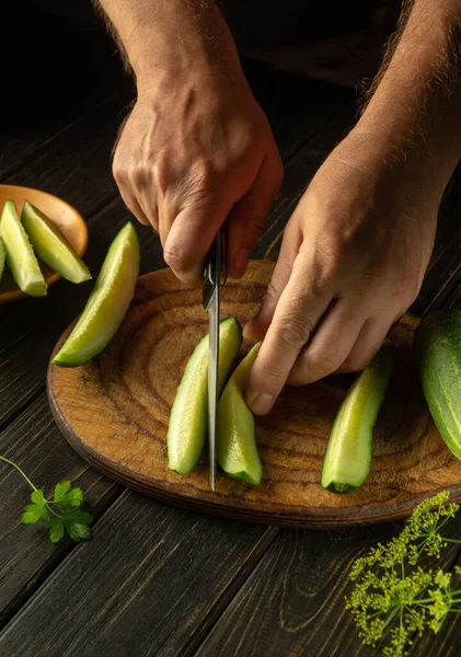Delicious Salad Lunch Fresh Cucumber Parsley Chef Hands Knife Slicing — Stock Photo, Image