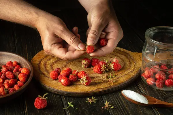 The chef prepares a sweet fruit drink from fresh strawberries and sugar on the kitchen table. The process of canning strawberries or fragaria in a jar at home.