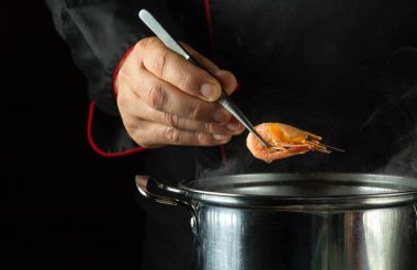 Restoranın mutfağında şefin elleriyle nefis karides pişiriyor. Aşçı elinde haşlanmış karides tutuyor..