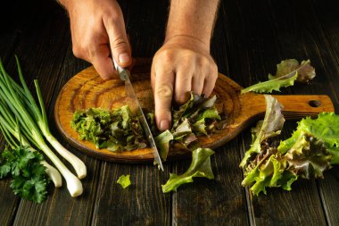 Aşçı elleri, vejetaryen yemeği hazırlamak için kesme tahtasına yeşil yapraklı romaine menekşesi kesiyor..