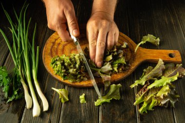 Şef, mutfak masasında elleri ve bıçağı olan marul ve soğan salatası hazırlıyor. Vejetaryen yemeği için tahta tahtada romaine menekşeleri dilimliyorum..