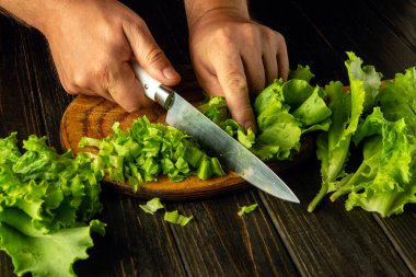 Taze sebzelerden salata hazırlıyorum. Vejetaryen yemeği için bir şefin elinde bıçakla marul kesmek..