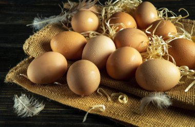 Mini bir çiftlikte tavuk yumurtası topluyorum. Rastgele bırakılmış bir çuval bezi üzerinde bir yığın yumurta..