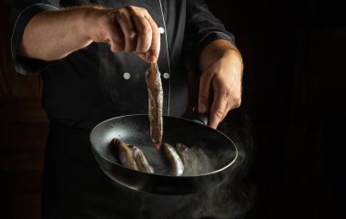 Kızarmış balık Capelin 'le kahvaltıyı bir şefin ellerinde sıcak tavada pişirmek. Reklam için siyah alan.