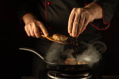 Bir aşçılık uzmanı, havayı kokan aromatik buhar gibi, karanlık bir mutfakta cızırdayan bir yemeği ustalıkla sezonluyor. Baharatların dikkatli eklenmesi lezzetli bir lezzet patlaması vadediyor..