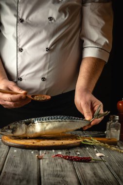 Yetenekli bir şef renkli otlar ve baharatlarla taze uskumru baharatına odaklanır. Mutfağın sıcak atmosferi, mutfak yaratıcılığı ortaya çıkarken huzur veriyor..