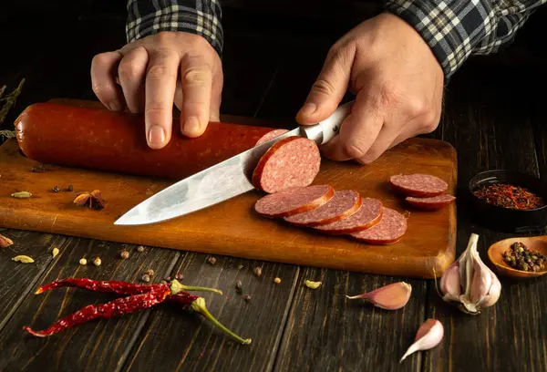 Eller, ahşap kesme tahtasındaki baharatlı sosisi ustalıkla keser. Taze sarımsak ve kurutulmuş biberler hazırlığa eşlik ederek mutfaktaki lezzetli atmosferi artırıyor..