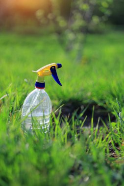 Su dolu bir sprey şişesi uzun yeşil çimenlerin arasında duruyor. Altın güneş ışığı, bahçenin canlı renklerini vurgulayan sıcak bir parıltı yaratır..