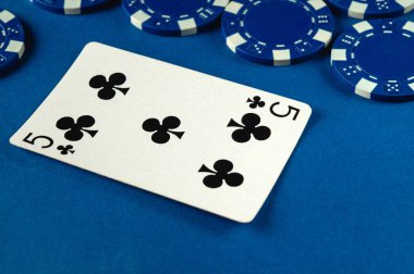 Sinek 5 kartı, mavi keçeli bir yüzeye uzanır. Etrafı birkaç mavi poker fişi ile çevrilidir. Atmosfer arkadaşlarla bir kart oyunu gecesi yapmayı öneriyor..