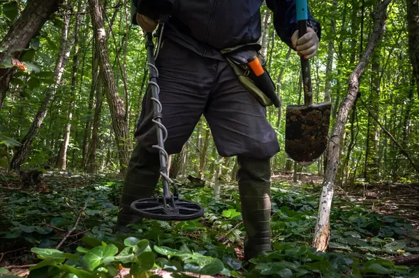 Bir insan yeşilliklerle dolu canlı bir ormanda saklı hazineleri aramak için metal dedektörü kullanır. Güneş ışığı ağaçların arasından süzülerek sakin bir atmosfer yaratır..