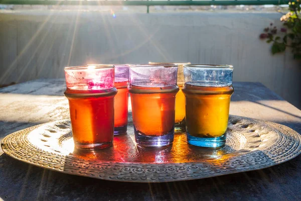 stock image Delicious traditional mint tea served on the rooftop in historic downtown called medina in Fez, Morocco, North Africa