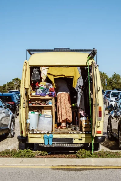 Yellow Camper Van Busy Woman Parked Crowded Parking Lot Portugal — Stock Photo, Image