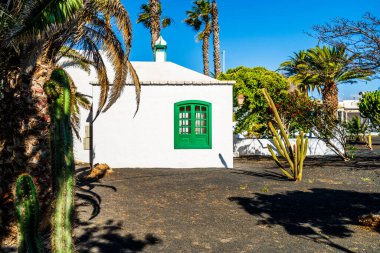 Kosta Teguise, Lanzarote, Kanarya Adaları, İspanya 'da yeşil elementlerle bembeyaz bir mimari