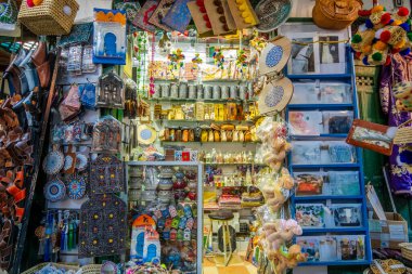 Marketplace in historic medina, full of souvenirs, leather bags, metal pieces, Tetouan, Morocco, North Africa clipart