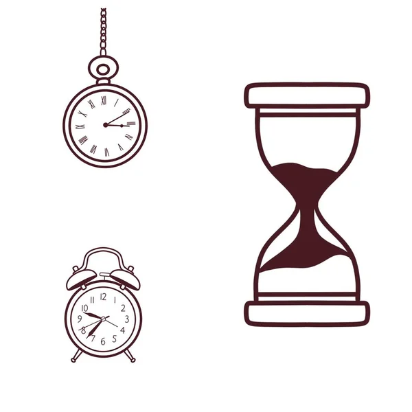 Imagem Mostra Uma Colagem Ampulhetas Despertador Relógio Bolso Fundo Branco — Fotografia de Stock