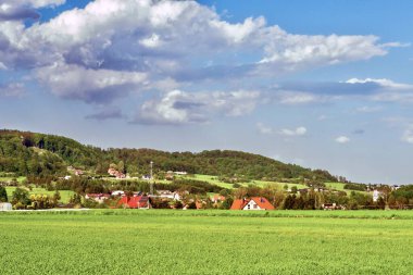 Yeşil arazili kırsal alan, mavi gökyüzü ve beyaz bulutlar, Polonya.