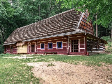 Polonya 'nın Sanok kentindeki Halk Mimarisi Müzesi' nin topraklarında yaz manzarası.