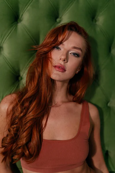 Indoor Close Portrait Red Haired Stylish Atraktif Woman Nude Make — Stok Foto