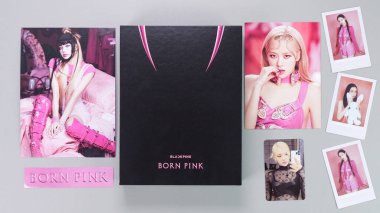 BlackPink BORN PINK 2nd Album Box set with posters cards selfie on grey. Pink CD version. South Korean girl group BlackPink. BlackPink music k-pop. Gatineau, QC Canada - November 10 2022. clipart