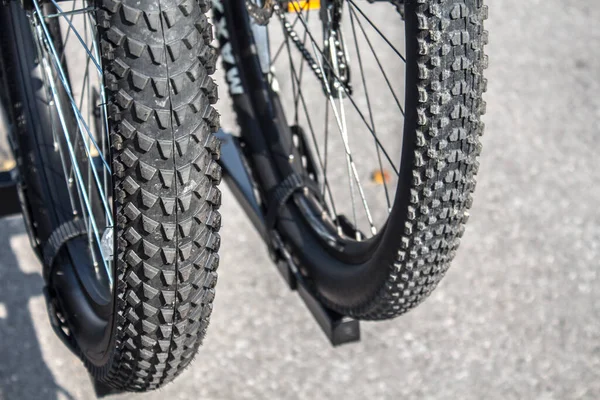 Closeup Two Mountain Bike Wheel Tires Grey Background Travel Together Image En Vente