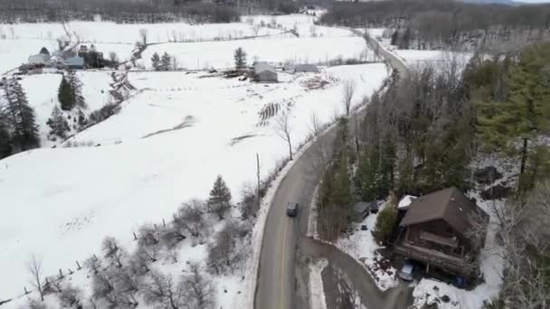 Aerial View Mountain Twisted Road Winter Driving Car Snowy White — Vídeo de Stock
