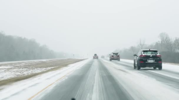 Driving Winter Snow Road Passing Cars Pov View Windshield Highway — Stock videók