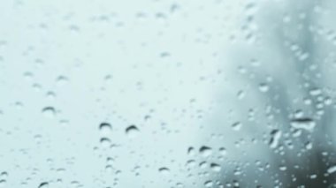Snow fall on window and melting into water drops on glass in the forest. Large rain drops strike window during winter shower. Pure rain drops.