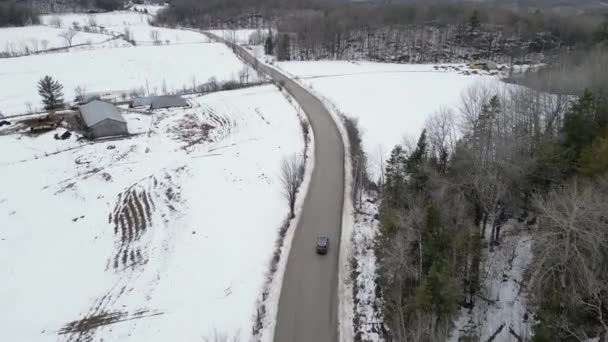 Aerial View Mountain Twisted Road Winter Driving Car Snowy White — Stockvideo