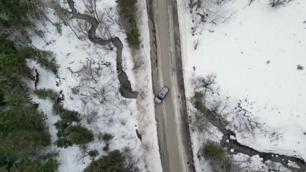 Aerial View Mountain Twisted Road Winter Driving Car Snowy White — Stockvideo