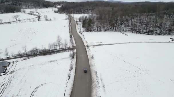 Aerial View Mountain Twisted Road Winter Driving Car Snowy White — Stok video