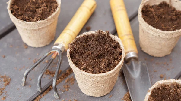 Close up of eco friendly biodegradable peat pots and garden tools, top view, selective focus. Spring natural gardening, eco, plant care, organic product.