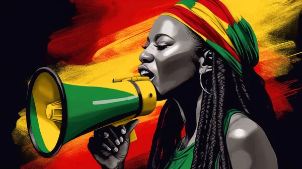 Силуэт Афроамериканской Женщины Использующей Мегафон Празднование Дня Свободы День Освобождения Лицензионные Стоковые Изображения