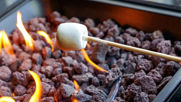 Deliciosos Dulces Malvaviscos Palo Sobre Fuego Verano Camping Hoguera —  Fotos de Stock