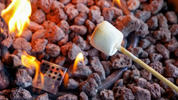 美味而甜蜜的棉花糖粘在火坑上 夏天野营篝火 — 图库照片
