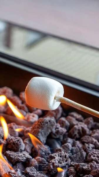 Delicious Sweet Marshmallows Stick Firepit Summer Camping Bonfire — Stock Photo, Image