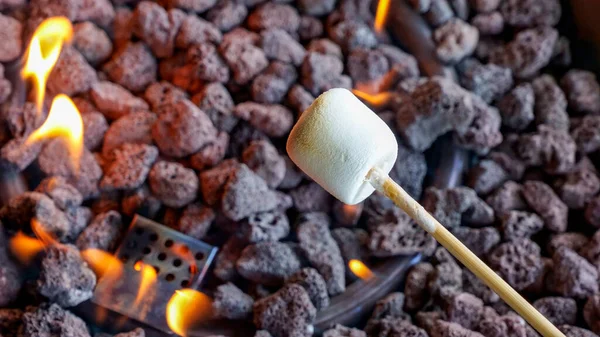 Delicious and sweet marshmallows on stick over the firepit. Summer camping bonfire