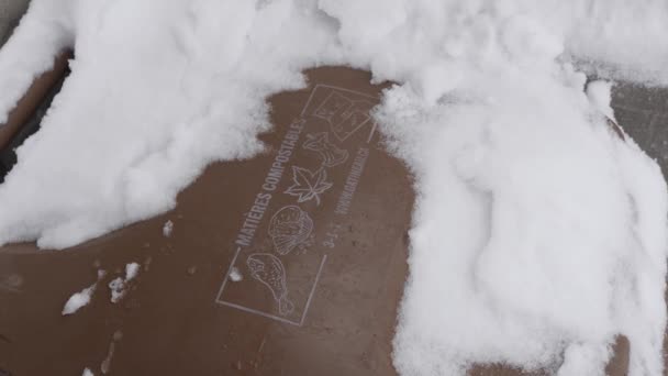 Zavřít Pohled Popelnici Zimní Bouři Kanadě Muž Lopatou Sníh Čistí — Stock video