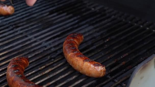 Ψητά Λουκάνικα Μπάρμπεκιου Κρέας Ανοξείδωτο Σχάρα Φλόγες Φωτιά Κλείσει Έννοια — Αρχείο Βίντεο