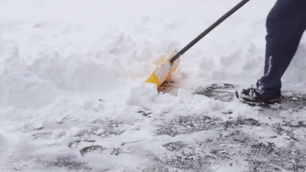 Człowiek Odśnieżający Podjazd Zimowej Burzy Kanadzie Człowiek Łopatą Śniegu Czyści — Wideo stockowe